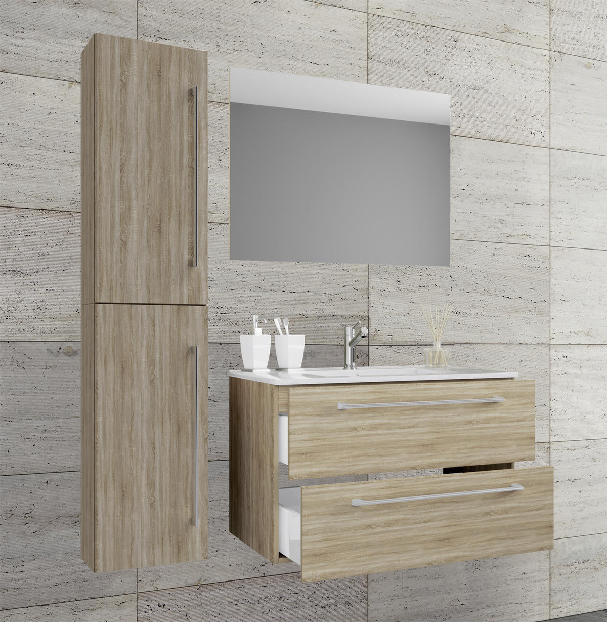 BADEZIMMER  in 93 cm  - Weiß/Sonoma Eiche, MODERN, Keramik/Holzwerkstoff (93cm) - MID.YOU