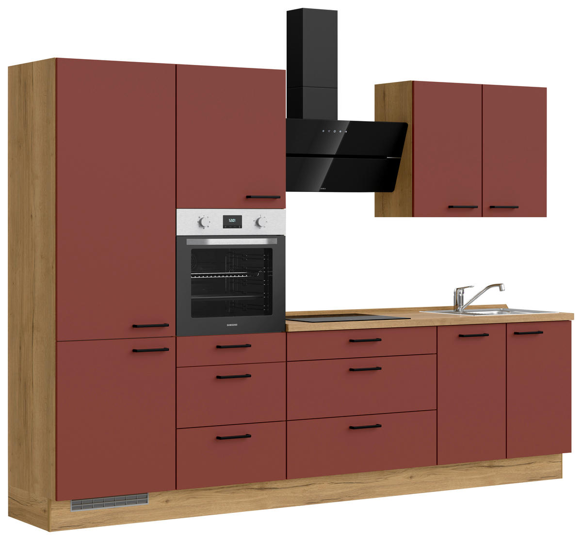 KÜCHENBLOCK 300 cm   in Eichefarben, Dunkelrot  - Eichefarben/Schwarz, MODERN, Holzwerkstoff/Metall (300cm) - Nobilia