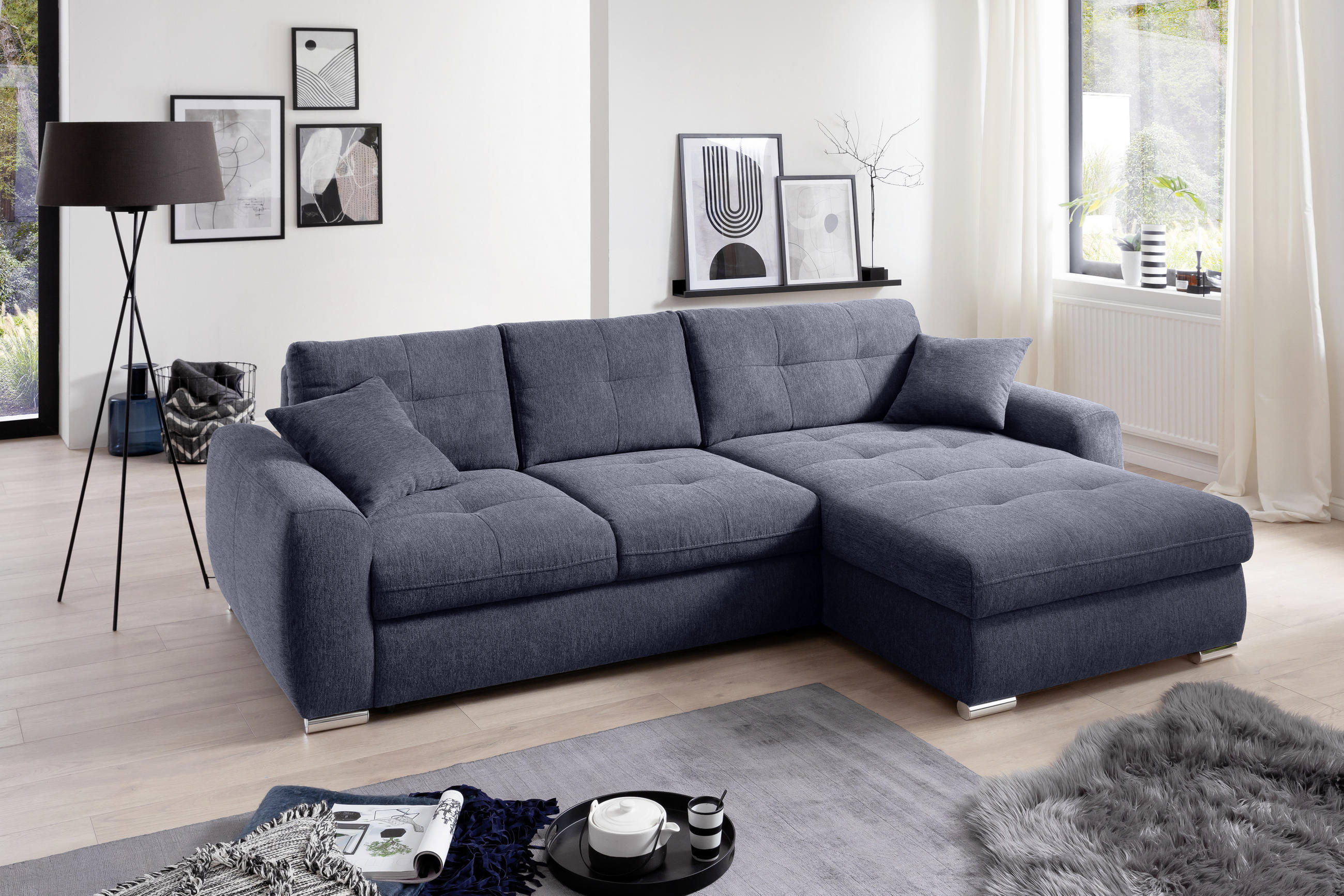 ECKSOFA in Mikrofaser Blau  - Chromfarben/Blau, Modern, Kunststoff/Textil (276/193cm) - Hom`in