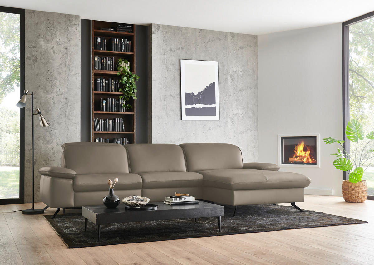 ECKSOFA  Echtleder Greige  - Greige/Schwarz, Design, Leder/Metall (307/169cm) - Beldomo Premium