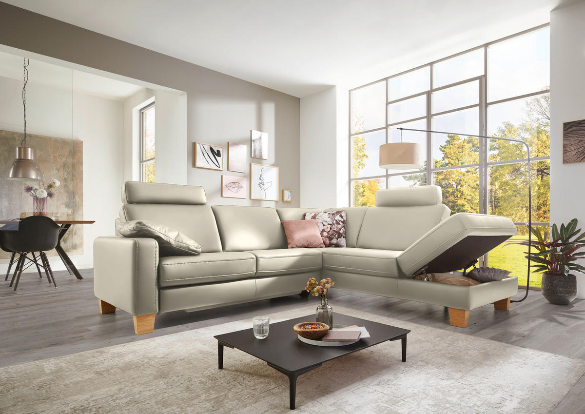 ECKSOFA in Echtleder Ecru  - Ecru/Eiche Bianco, Konventionell, Leder/Holz (257/235cm) - Valdera