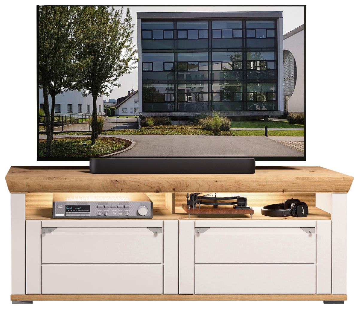 WOHNWAND  in Kaschmir, Eiche Artisan  351/208/53 cm  - Kaschmir/Eiche Artisan, ROMANTIK / LANDHAUS, Glas/Holzwerkstoff (351/208/53cm) - Landscape