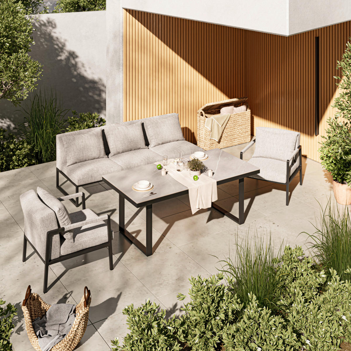 LOUNGEGARNITUR 4-teilig   210/80/86 cm Aluminium  - Anthrazit/Grau, LIFESTYLE, Stein/Textil (210/80/86cm) - Ambia Garden