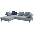 ECKSOFA Fino in Chenille Hellblau Rückenkissen, Rücken echt, Sitztiefenverstellung  224/305 cm  - Schwarz/Hellblau, Design, Textil/Metall (224/305cm) - Dieter Knoll