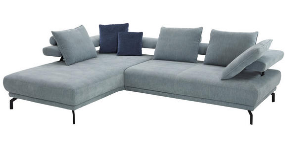 ECKSOFA Fino in Chenille Hellblau Rückenkissen, Rücken echt, Sitztiefenverstellung  224/305 cm  - Schwarz/Hellblau, Design, Textil/Metall (224/305cm) - Dieter Knoll