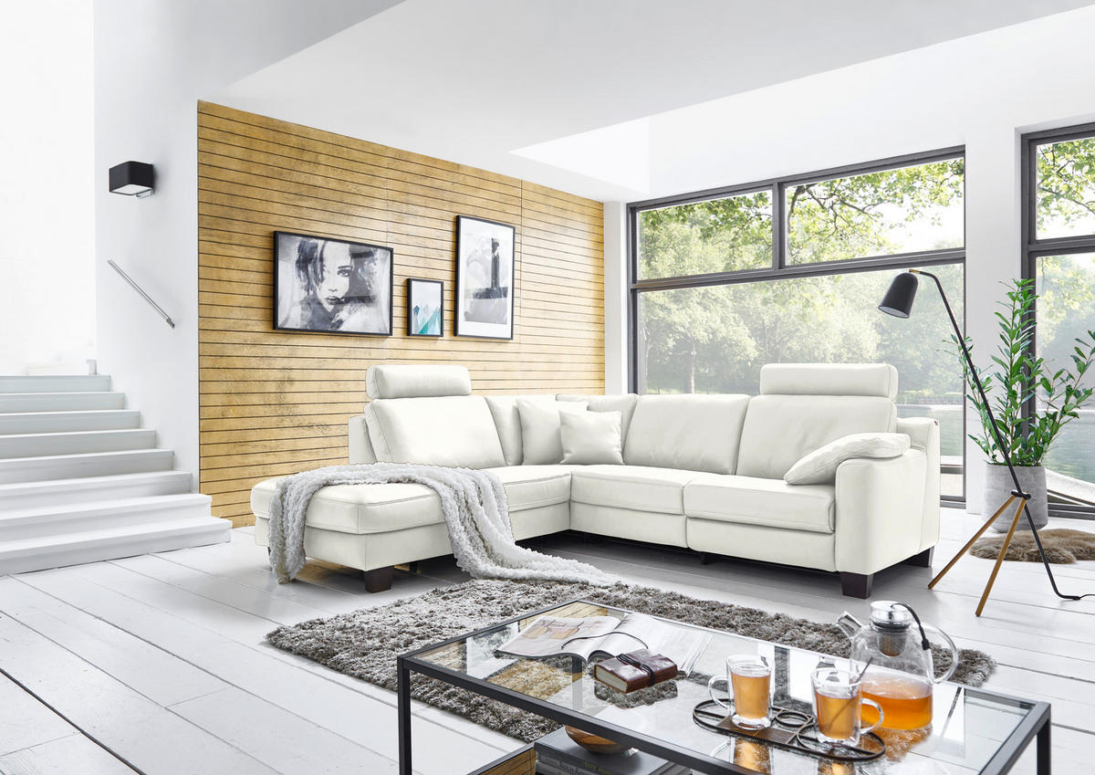 ECKSOFA in Echtleder Ecru  235/259 cm  - Ecru/Eichefarben, Design, Leder/Holz (235/259cm) - Valdera