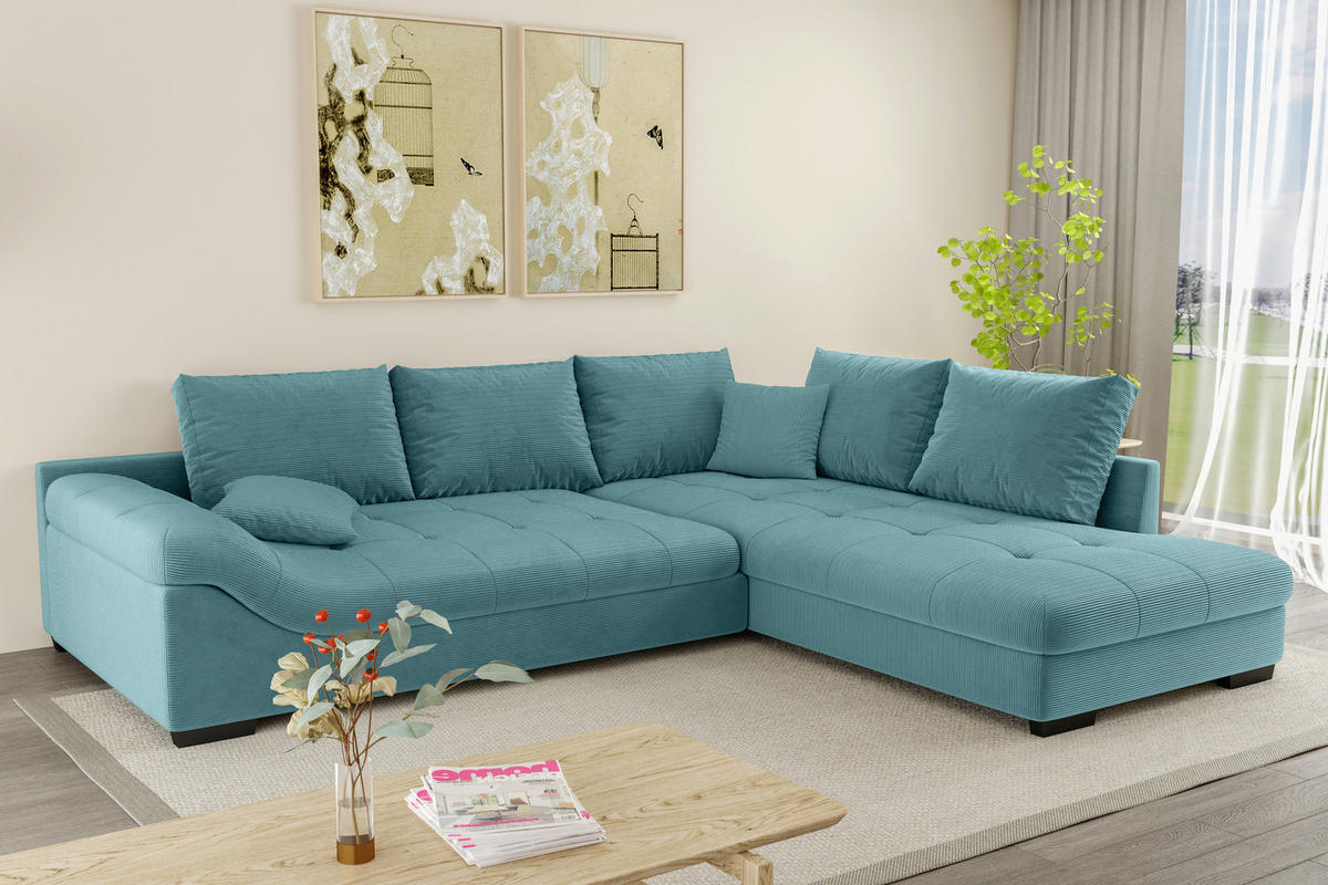 ECKSOFA in Cord Türkis  - Türkis/Schwarz, Konventionell, Holz/Textil (298/202cm) - MID.YOU