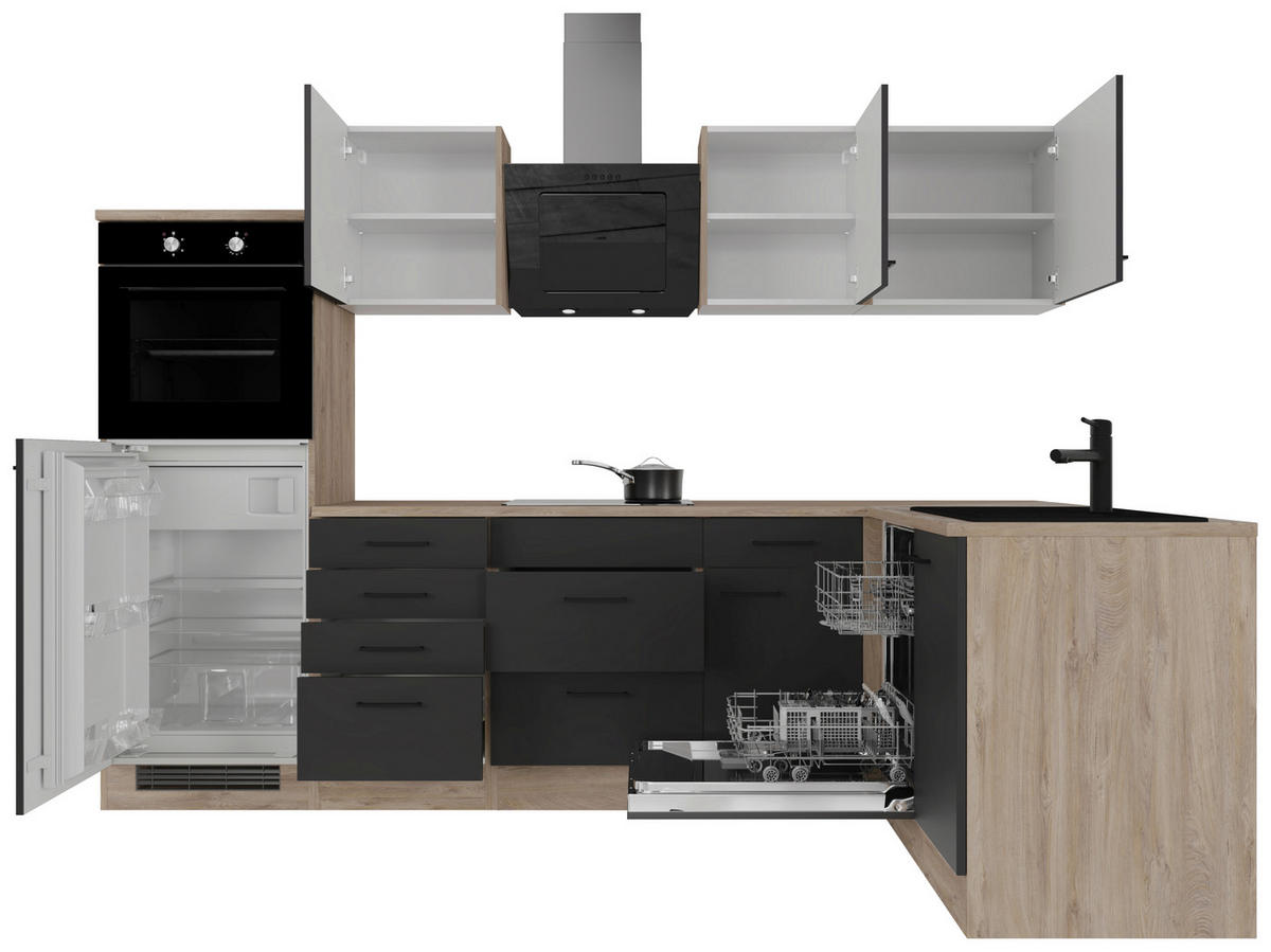 ECKKÜCHE 280/170 cm  in Schwarz, Eichefarben  - Eichefarben/Schwarz, Basics, Holzwerkstoff/Metall (280/170cm) - FlexWell