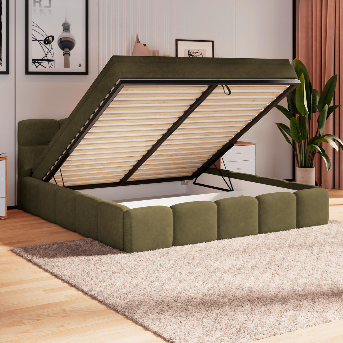 POLSTERBETT 160/200 cm,  in Grün, Matratze, Bettkasten, H3 = fest  - Schwarz/Grün, Trend, Kunststoff/Textil (160/200cm)