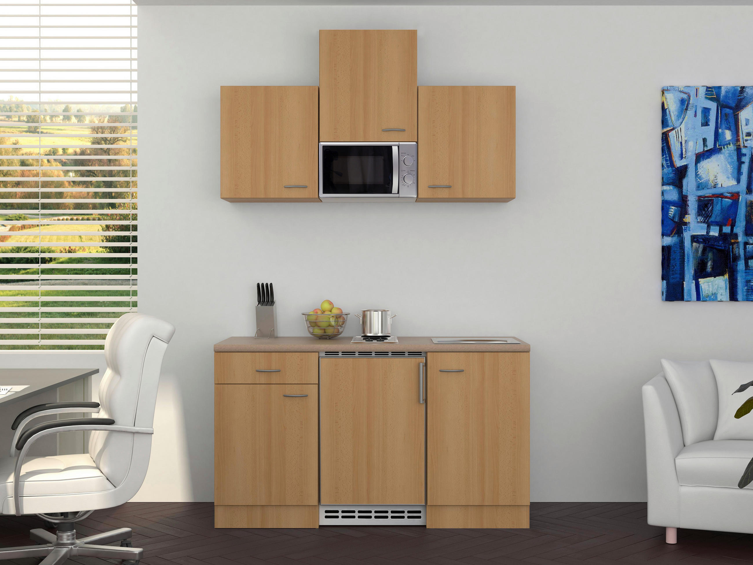 MINIKÜCHE 150 cm in Creme, Buchefarben - Edelstahlfarben/Buchefarben, MODERN (150cm) - MID.YOU