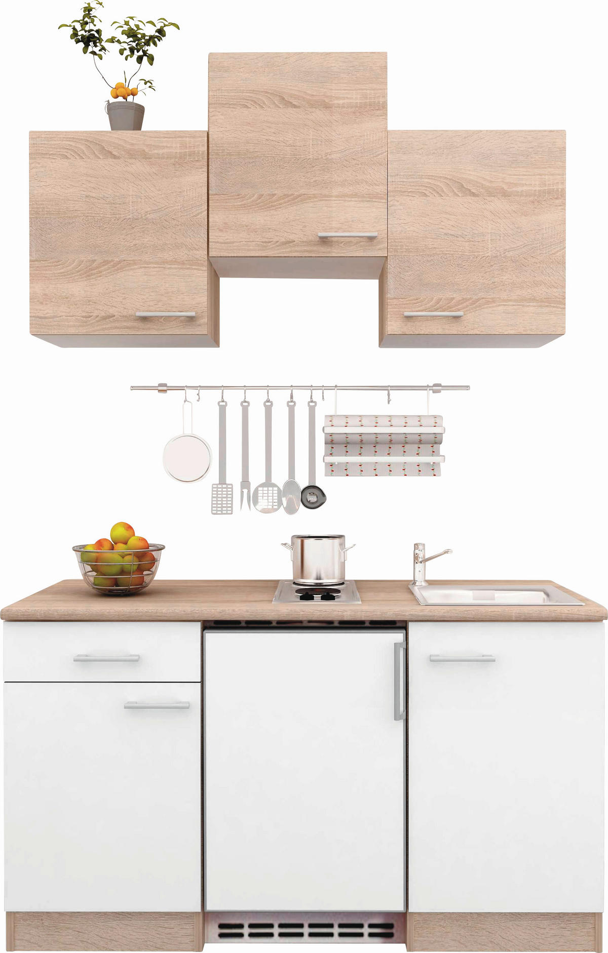 MINIKÜCHE   in Weiß, Sonoma Eiche  - Alufarben/Weiß, KONVENTIONELL, Holzwerkstoff/Kunststoff (150,5/205/60cm) - FlexWell