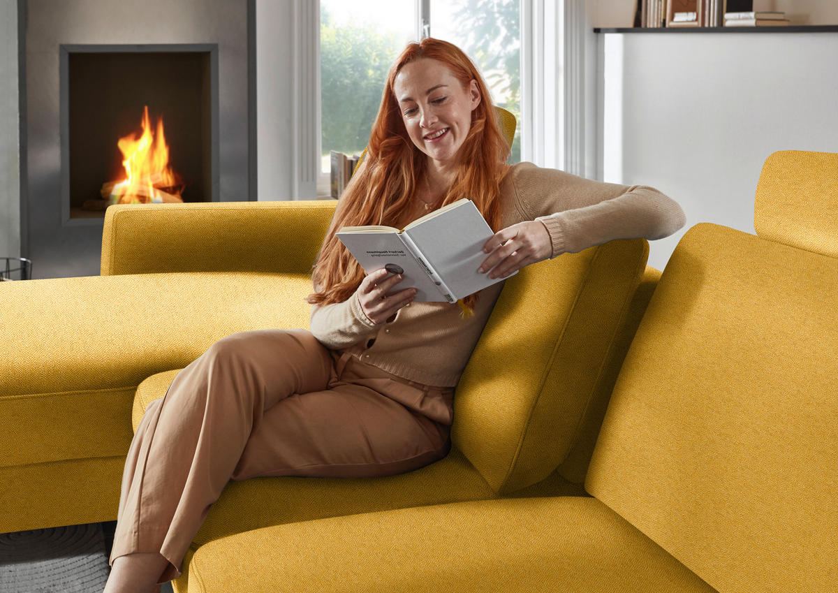 ECKSOFA Chenille, Flachgewebe Currygelb  - Currygelb/Schwarz, Design, Textil/Metall (175/316cm) - Dieter Knoll