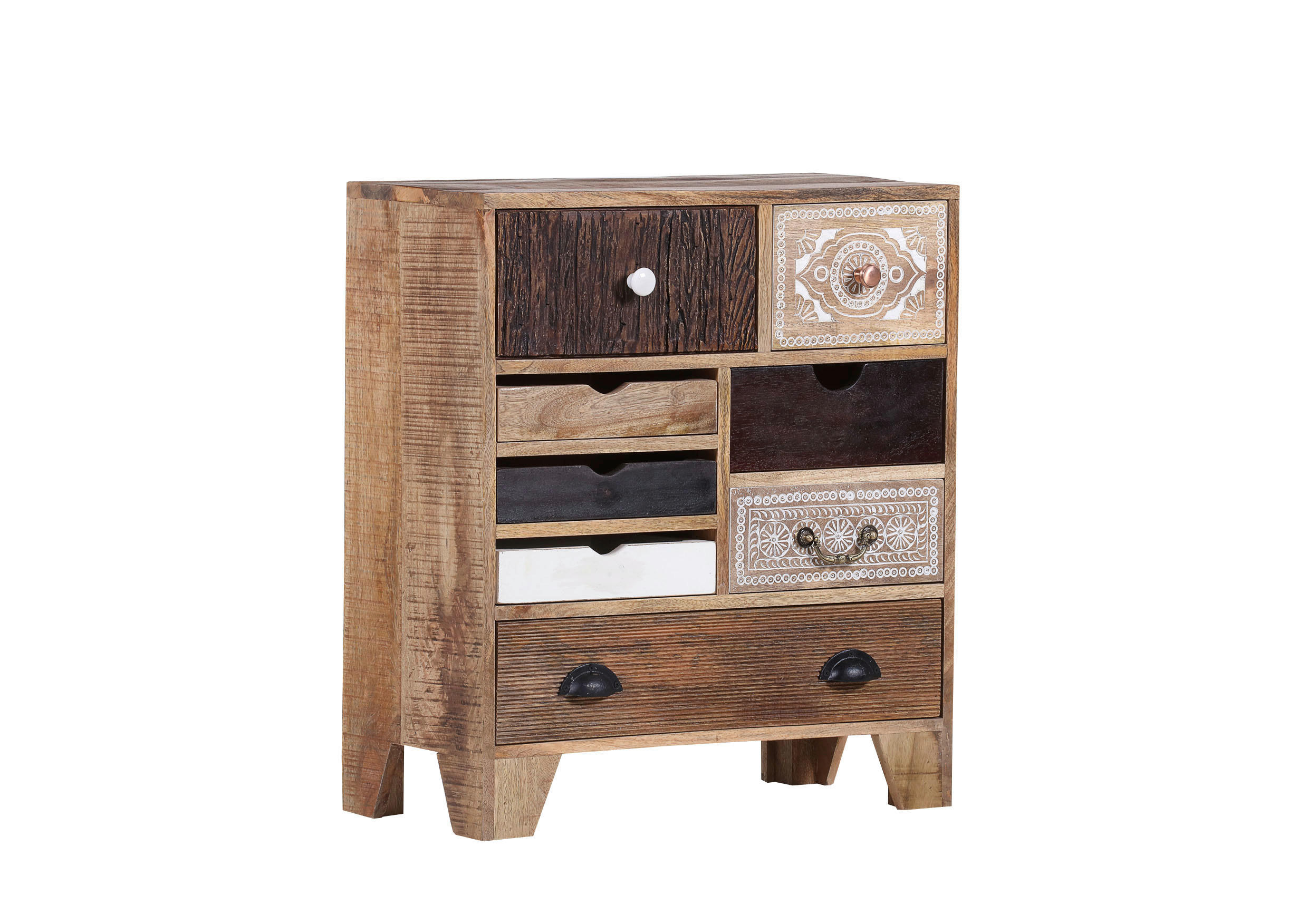KOMMODE Akazie, Mangoholz massiv Multicolor, Naturfarben - Dunkelbraun/Messingfarben, Design, Holz/Metall (70/80/35cm)