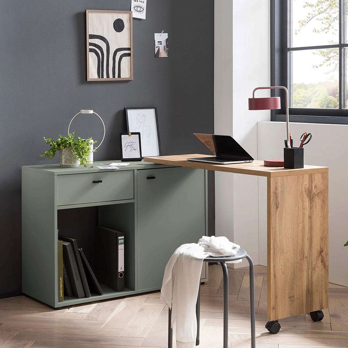 SCHREIBTISCH  in Grün, Eichefarben  - Eichefarben/Schwarz, MODERN, Holzwerkstoff/Kunststoff (104,6/75,3/39cm) - MID.YOU