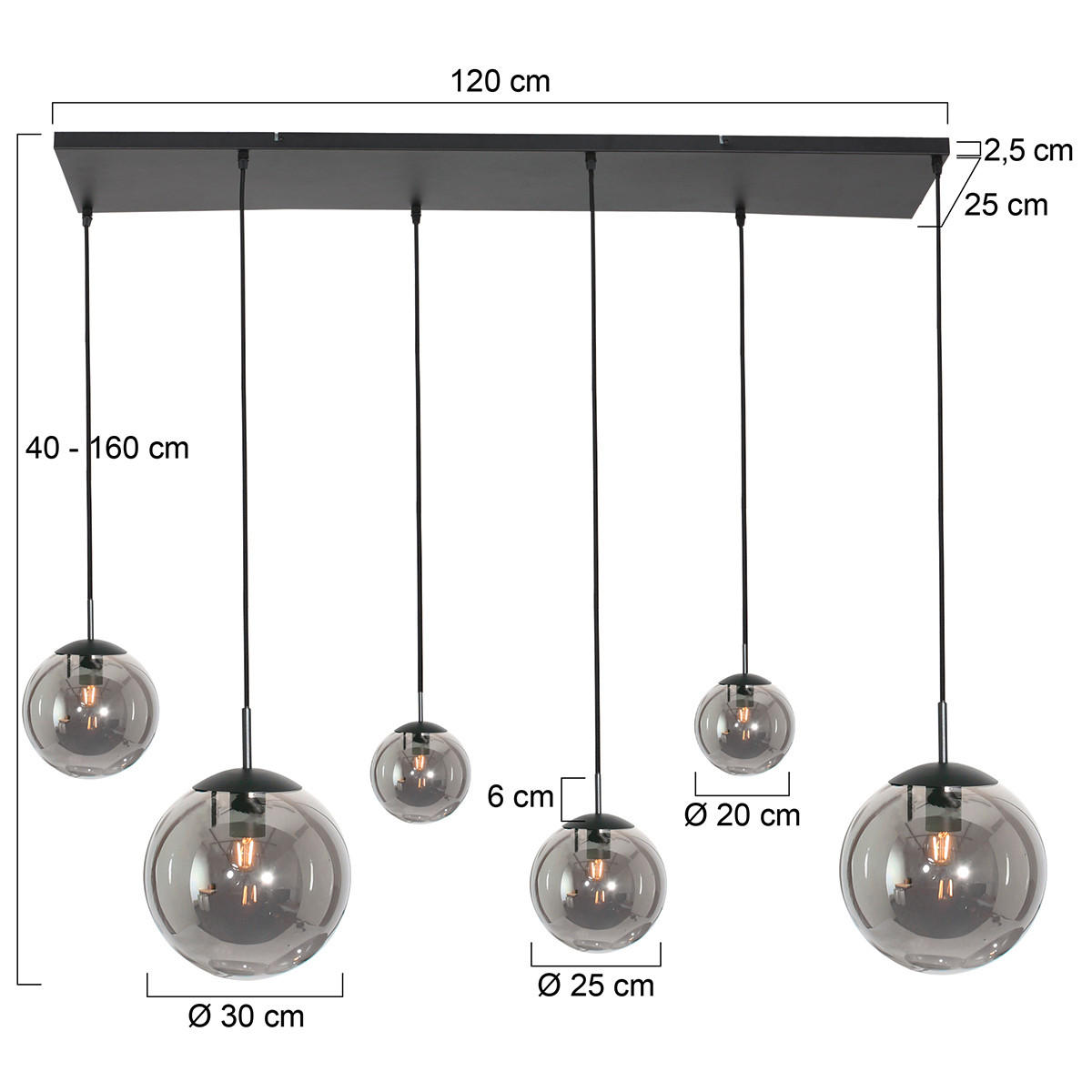 PENDELLEUCHTE Bollique 120/25/160 cm   - Schwarz, KONVENTIONELL, Glas/Metall (120/25/160cm)