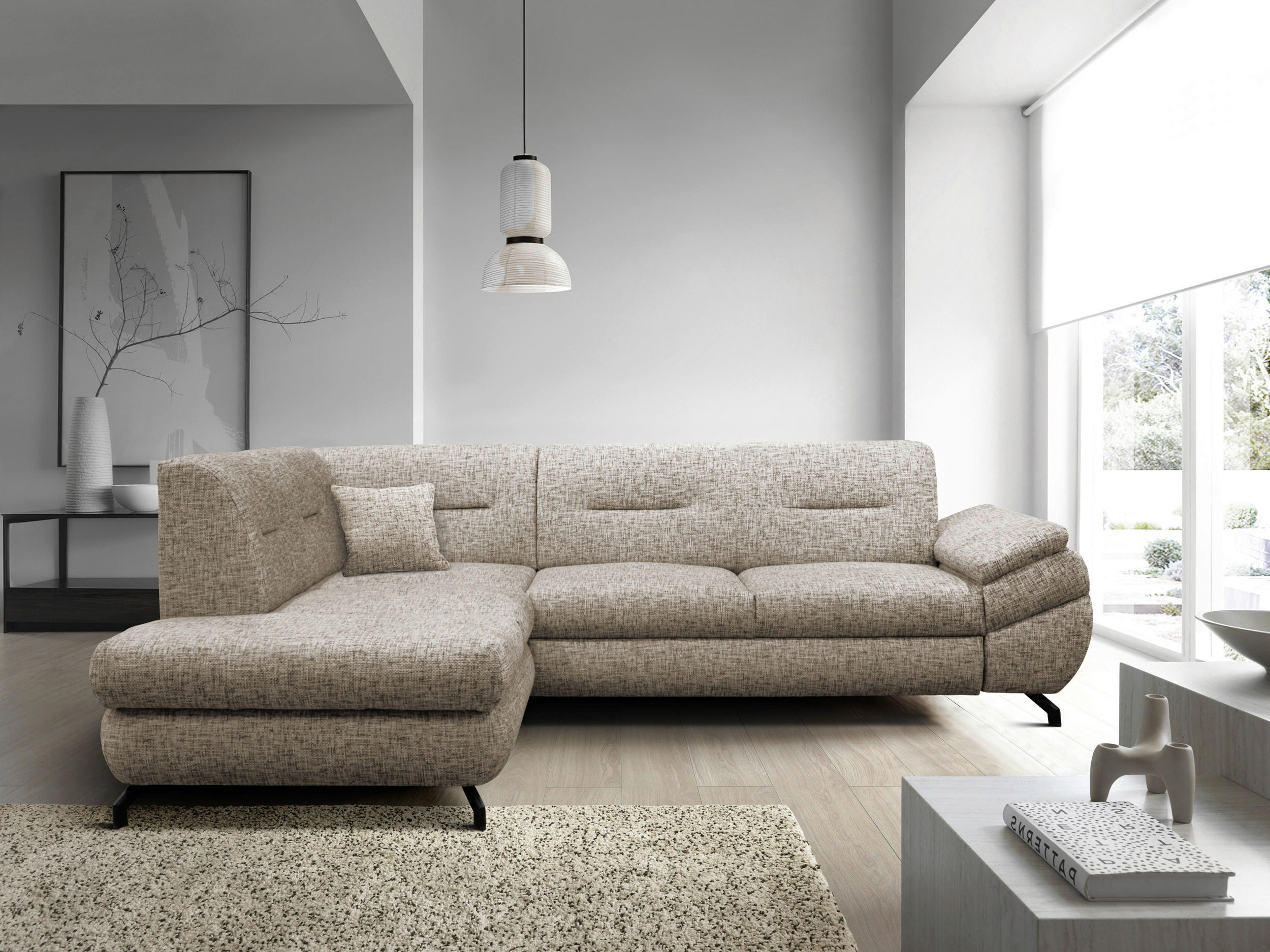 ECKSOFA Hellbraun Struktur, Plüsch  - Hellbraun/Schwarz, Design, Textil/Metall (201/274cm) - MID.YOU