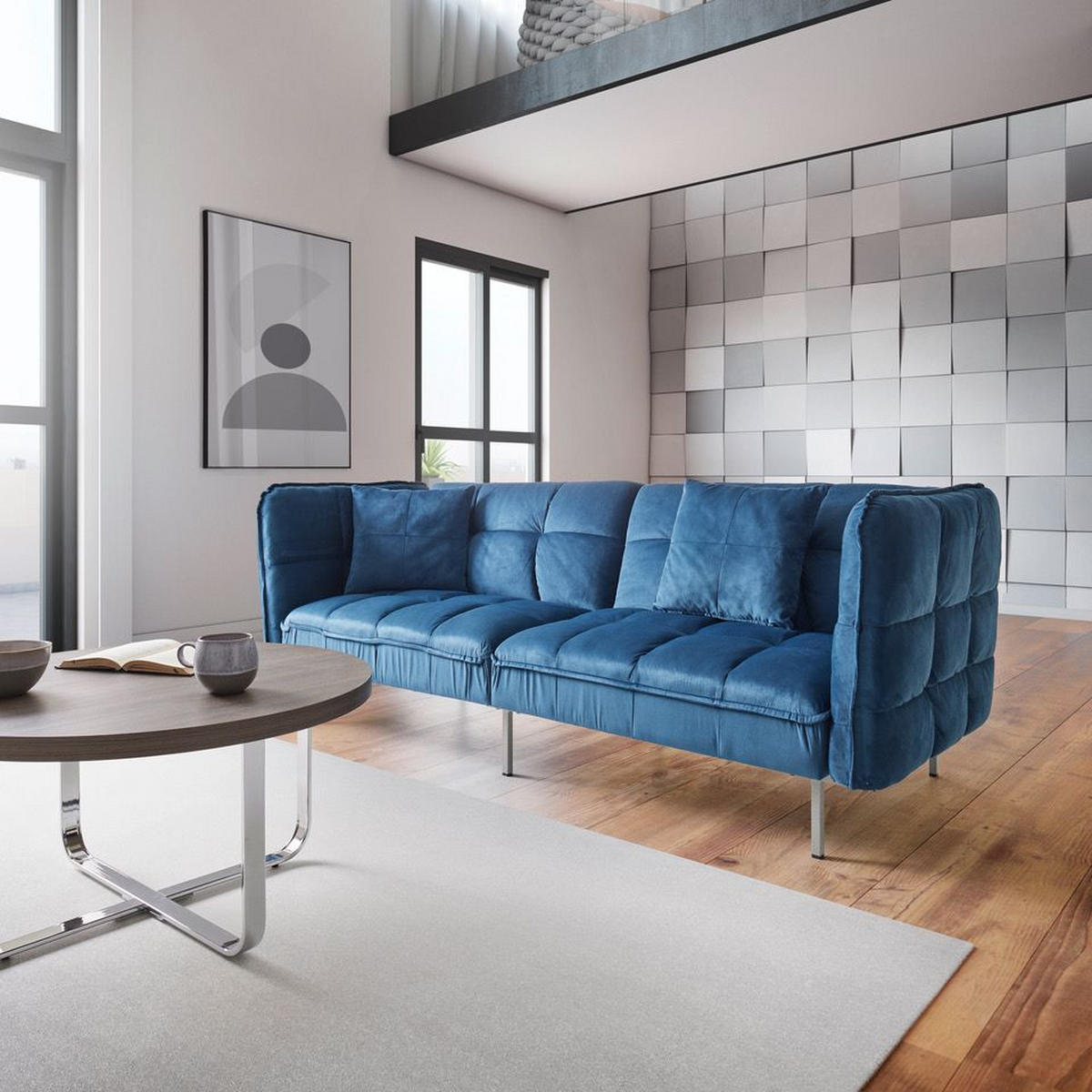 SCHLAFSOFA  in Samt Blau  - Blau/Silberfarben, MODERN, Holz/Textil (208/76,5/79cm) - Bessagi Home