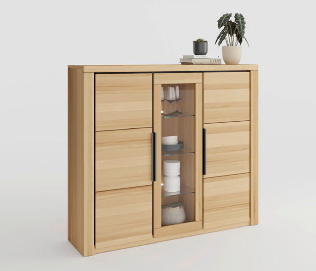 HIGHBOARD Brunei  in 160/141/40 cm  - Buchefarben/Schwarz, Design, Glas/Holz (160/141/40cm) - Livetastic