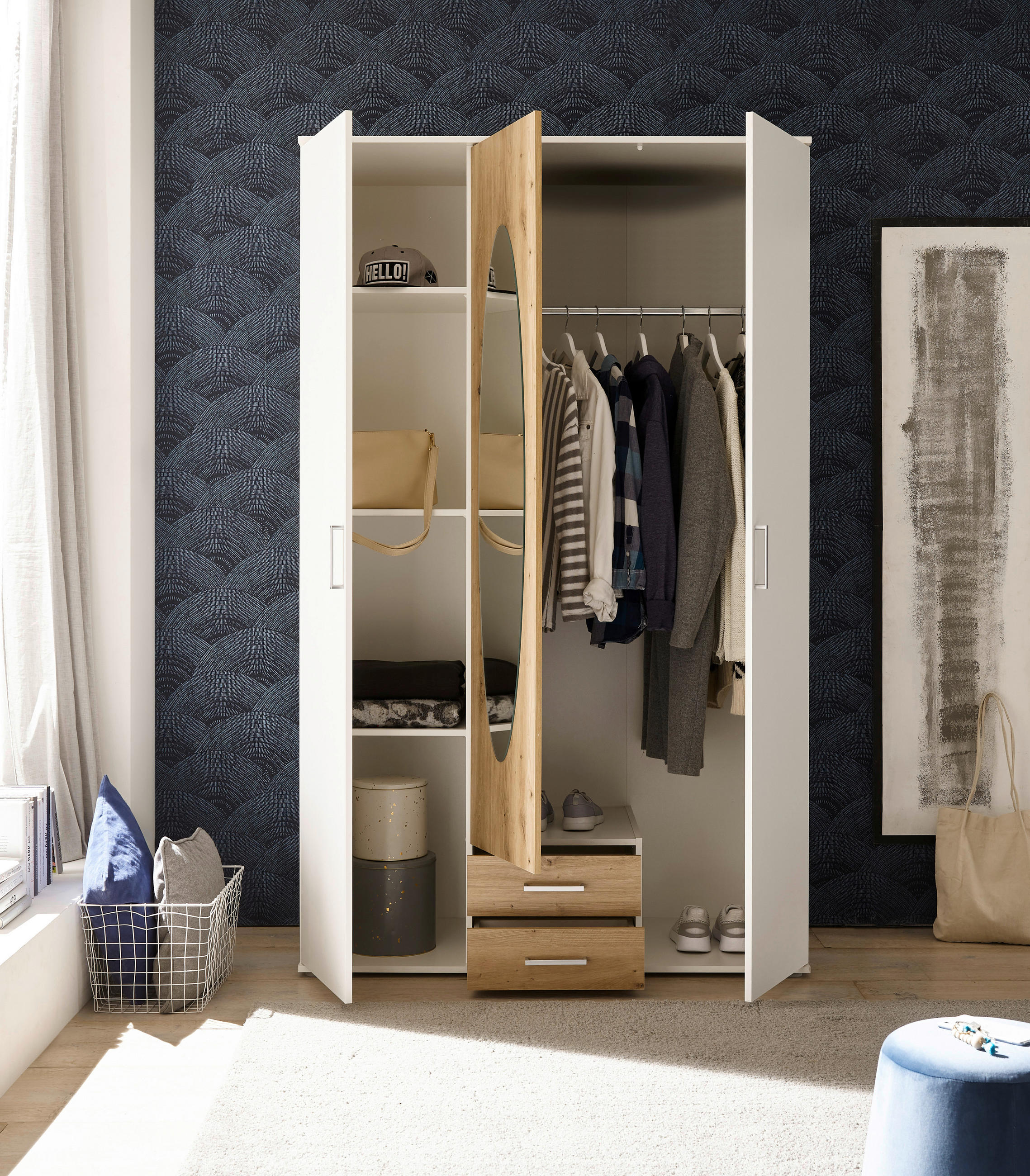 DREHTÜRENSCHRANK 120/195/55 cm 3-türig Weiß, Eiche Artisan  - Alufarben/Weiß, ROMANTIK / LANDHAUS, Glas/Holzwerkstoff (120/195/55cm) - P & B