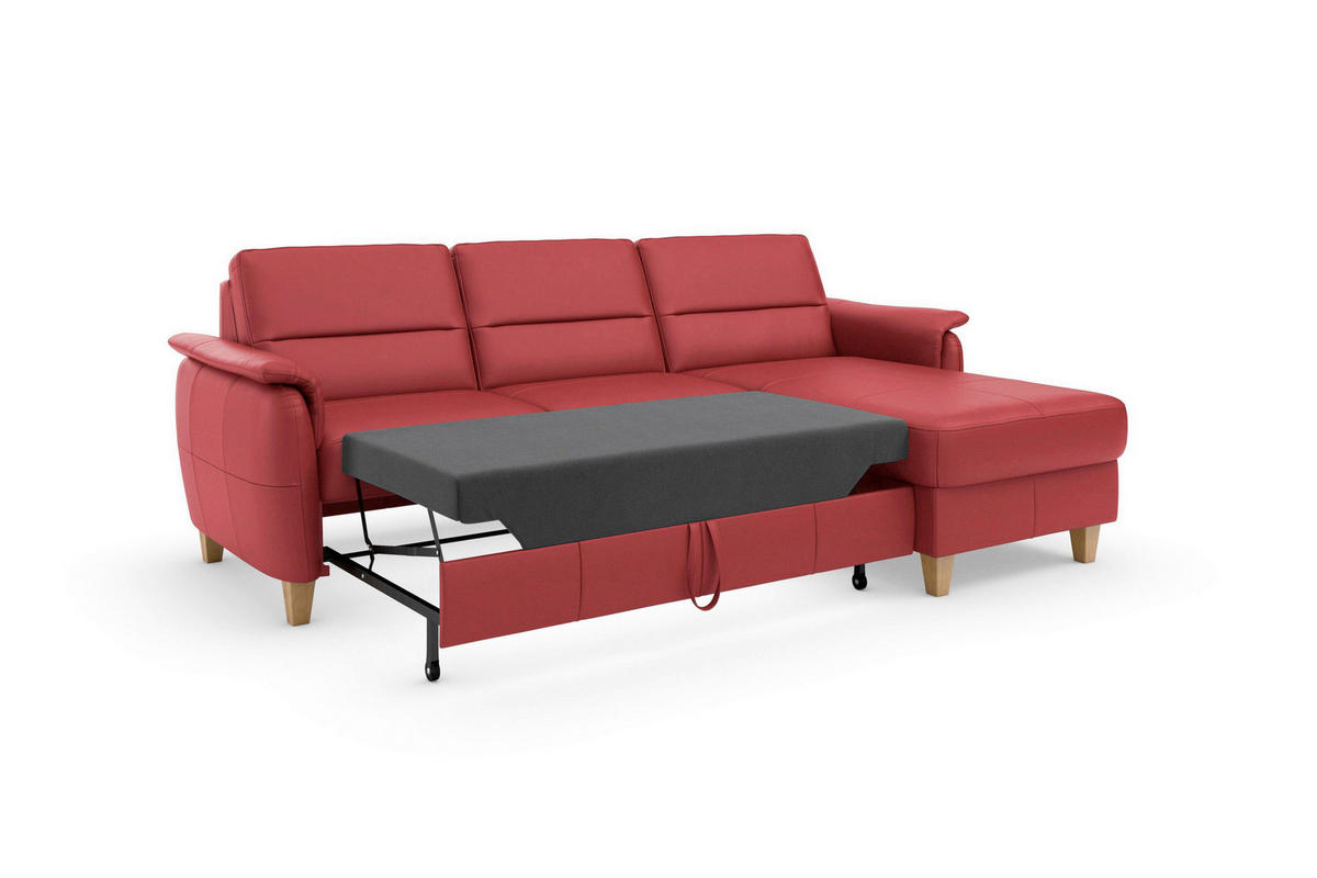 ECKSOFA PALMERA E Rot Kombination Echtleder/Stoff Mikrofaser Bettkasten  - Eichefarben/Rot, Basics, Leder/Holz (244/163cm) - Sit & More
