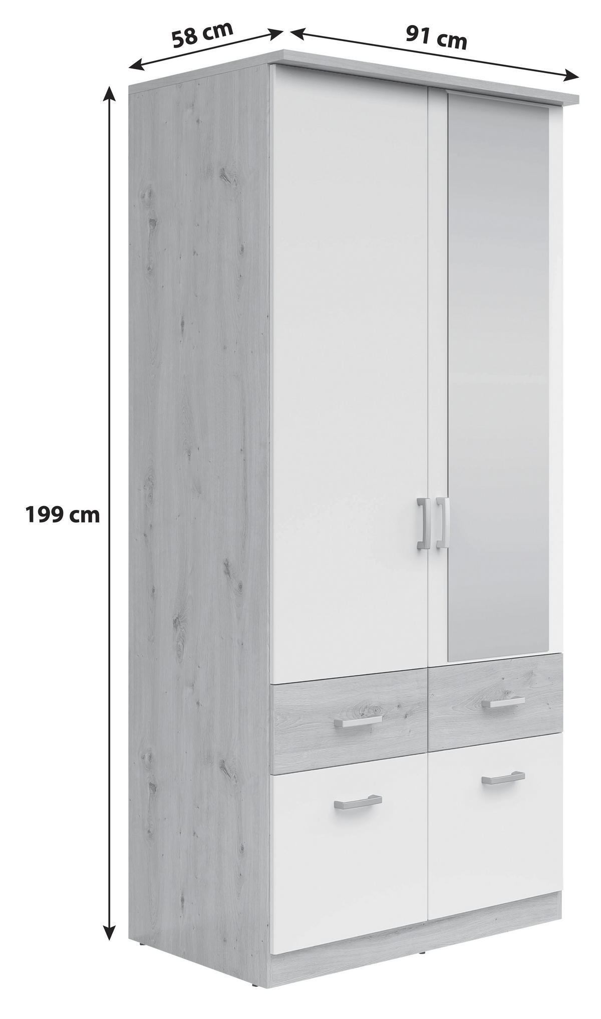 KLEIDERSCHRANK 91/199/58 cm 2-türig Weiß, Eiche Artisan, Silberfarben  - Silberfarben/Weiß, KONVENTIONELL, Holzwerkstoff/Kunststoff (91/199/58cm)