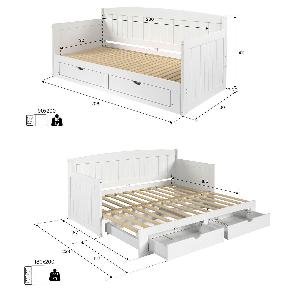 AUSZIEHBETT 200/100-236 cm Weiss  - Weiss/Naturfarben, Modern, Holz/Holzwerkstoff (200/100-236cm) - MID.YOU