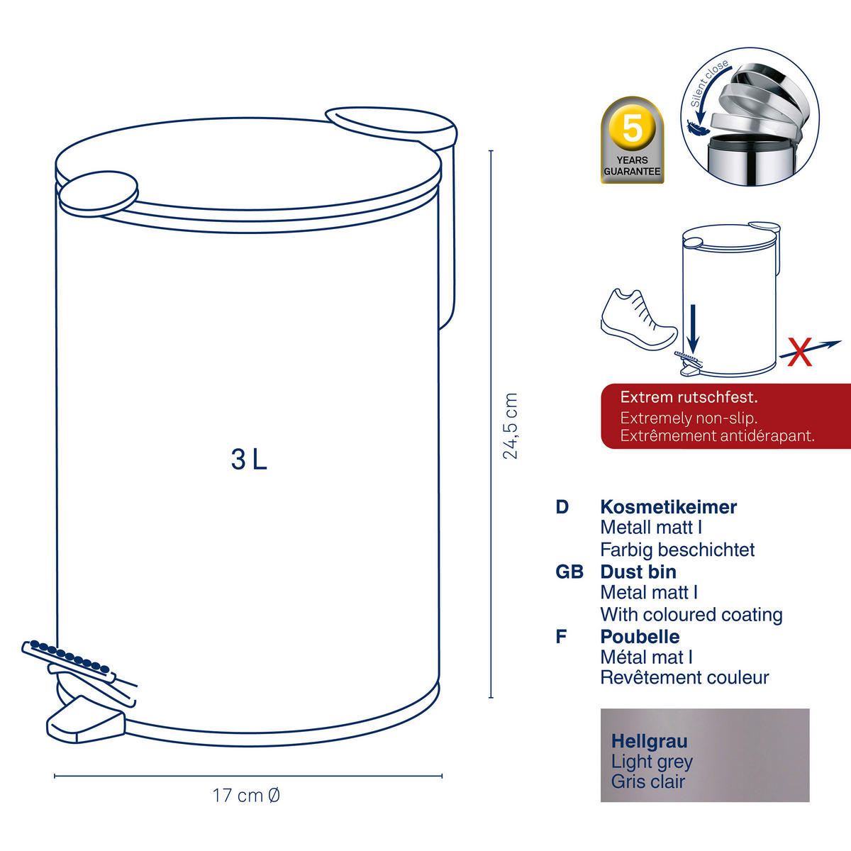 KOSMETIKEIMER 3 l  Metall  - Schwarz/Altrosa, Basics, Kunststoff/Metall (17/23cm) - Kela