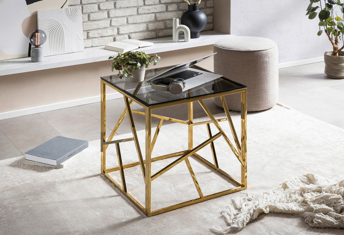 ODKLÁDACÍ STOLEK, šedá, barvy zlata - šedá/barvy zlata, Design, kov/sklo (55/55/55cm) - Livetastic