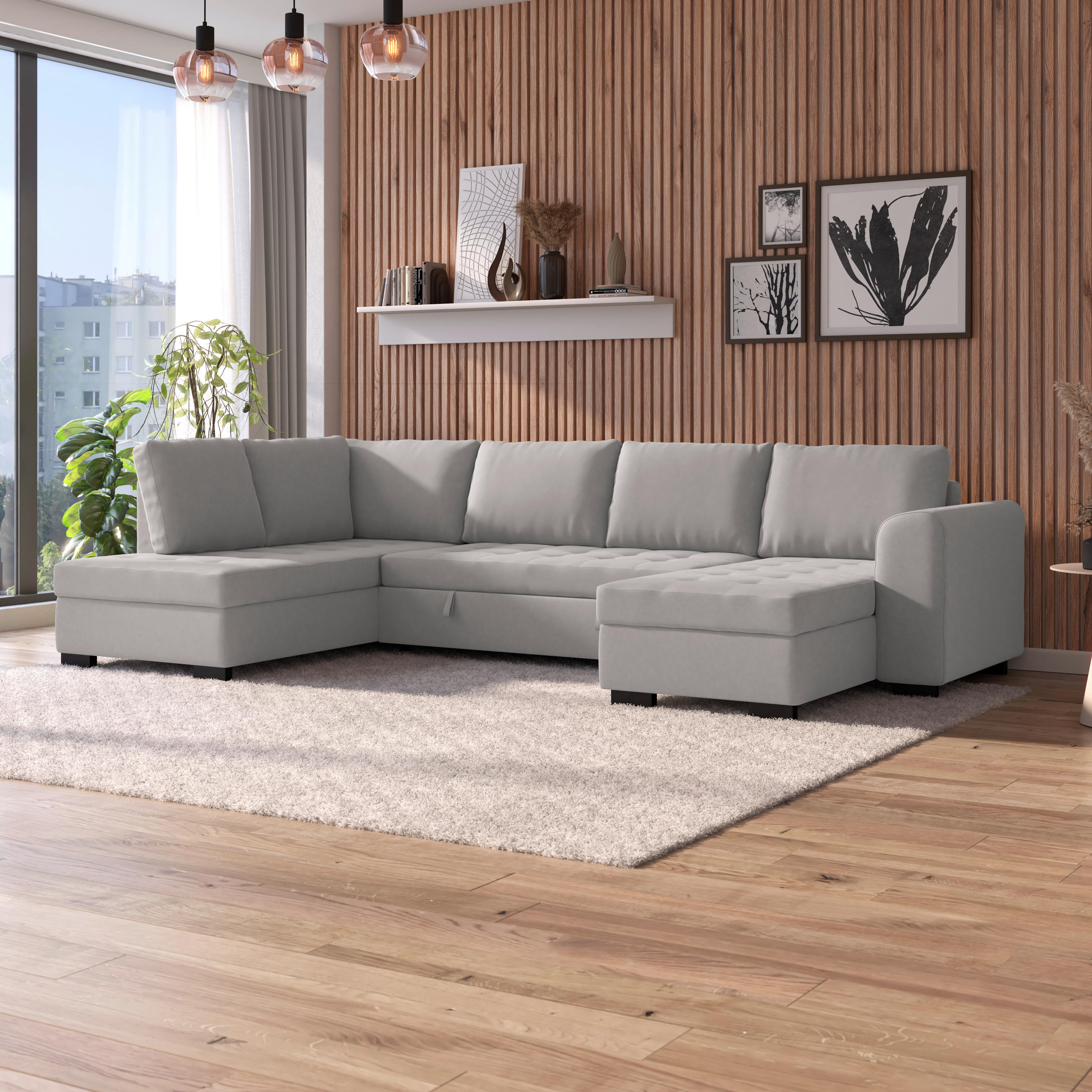 WOHNLANDSCHAFT Hellgrau Mikrofaser  - Hellgrau/Schwarz, MODERN, Kunststoff/Textil (178/305/155cm) - P & B
