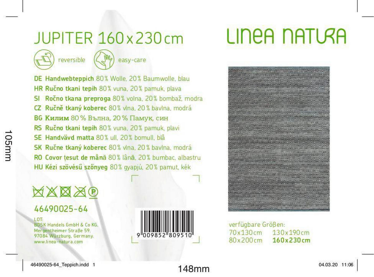 RUČNO TKANI TEPIH 160/230 cm   plava  Jupiter  - plava, Natur, tekstil (160/230cm) - Linea Natura