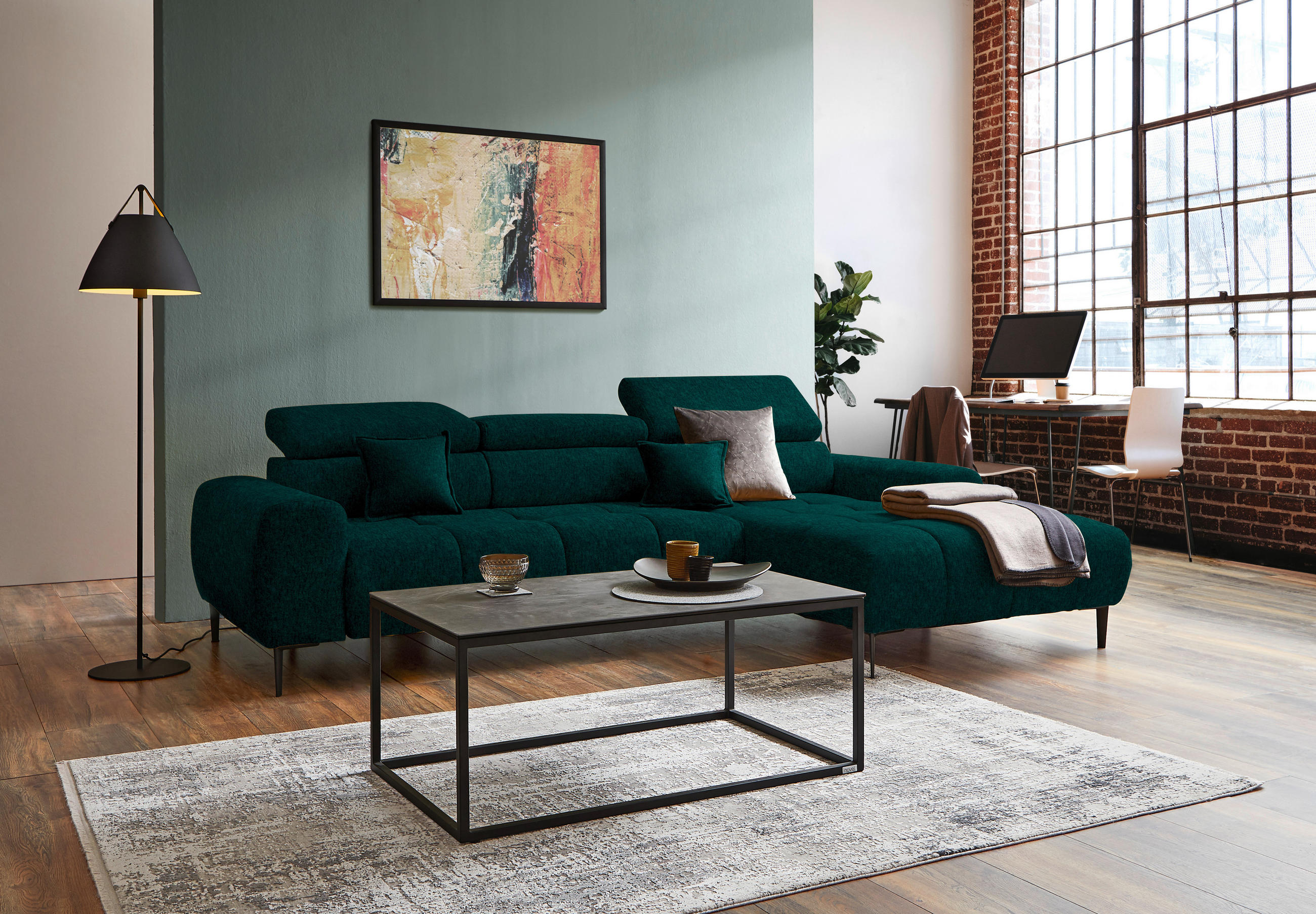 ECKSOFA in Samt, Webstoff Dunkelgrün  - Dunkelgrün/Schwarz, Design, Textil/Metall (270/177cm) - Welnova