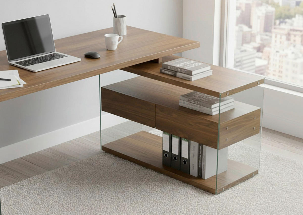 ECKSCHREIBTISCH 145/100/76 cm Walnussfarben Stauraum, seitenverkehrt montierbar  - Eichefarben/Walnussfarben, Design, Glas/Holzwerkstoff (145/100/76cm) - MID.YOU