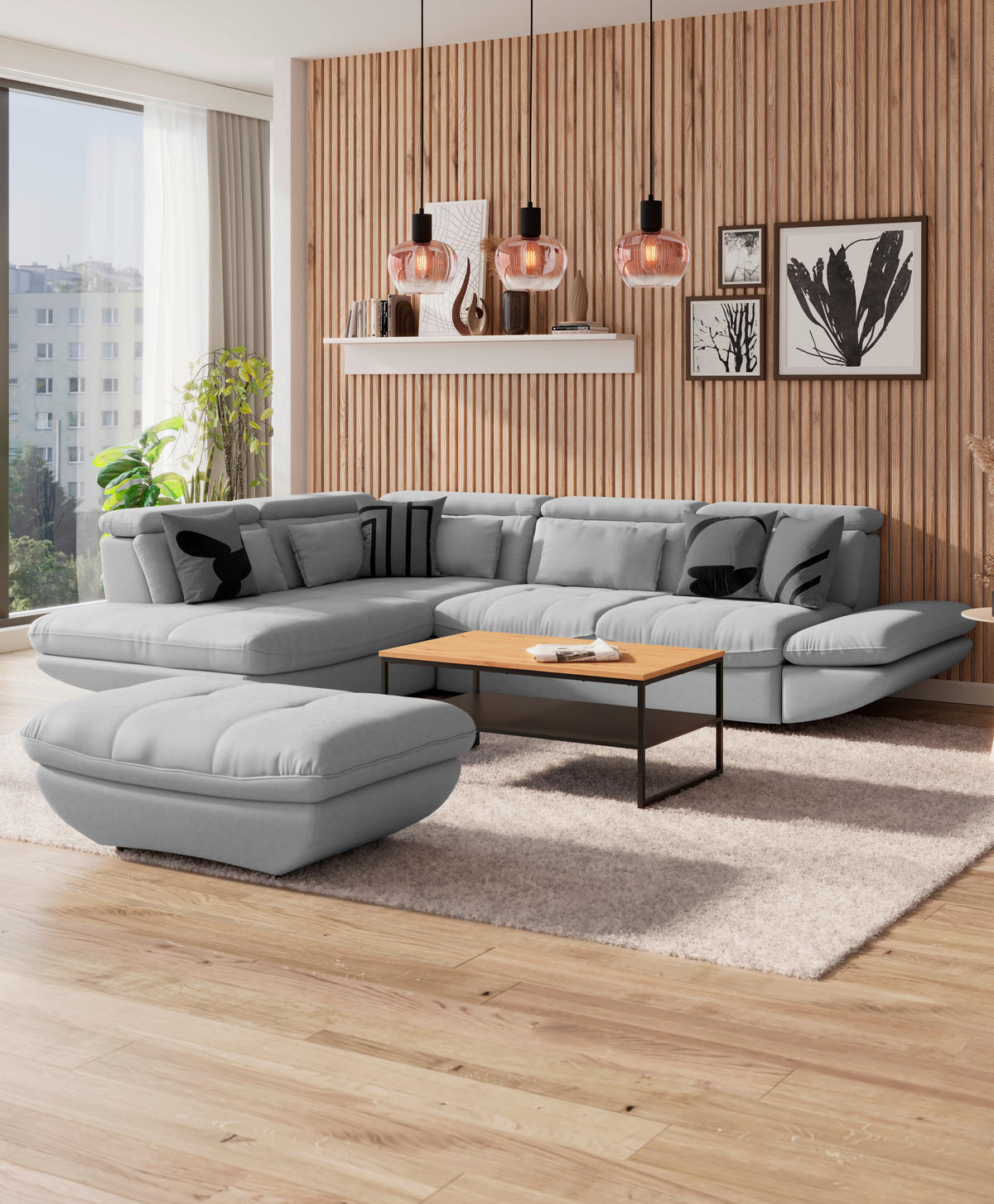 WOHNLANDSCHAFT in Mikrofaser Hellgrau  - Hellgrau/Schwarz, Modern, Kunststoff/Textil (311/233cm) - MID.YOU