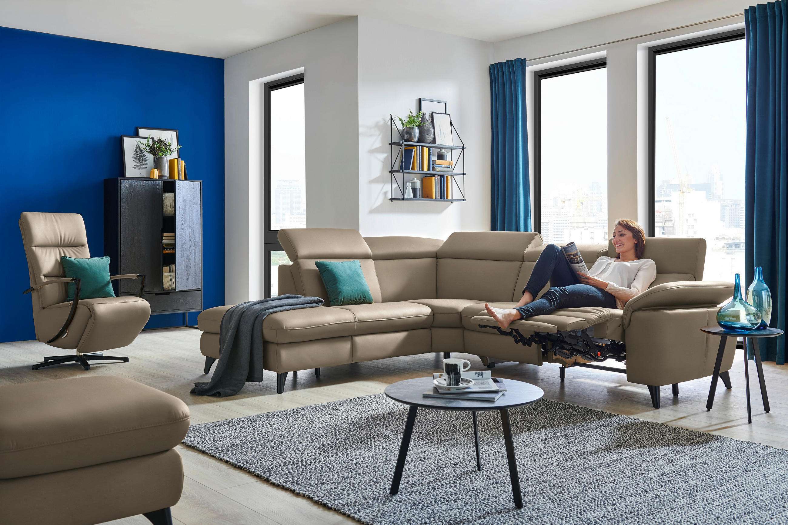 ECKSOFA in Echtleder Braun  - Schwarz/Braun, Design, Leder/Metall (239/285cm) - Cantus