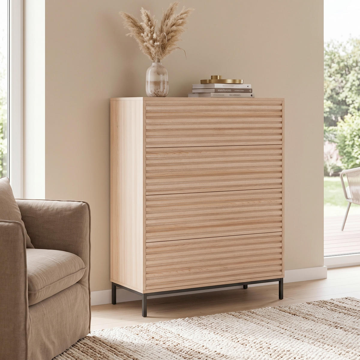 HIGHBOARD   2 Schublade(n)  - Naturfarben, Design, Holzwerkstoff/Metall (80/110/35cm) - MID.YOU