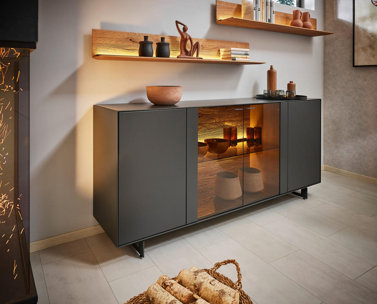 SIDEBOARD Anthrazit, Eichefarben  203/80/44 cm  - Eichefarben/Anthrazit, Natur, Glas/Holz (203/80/44cm) - Valnatura