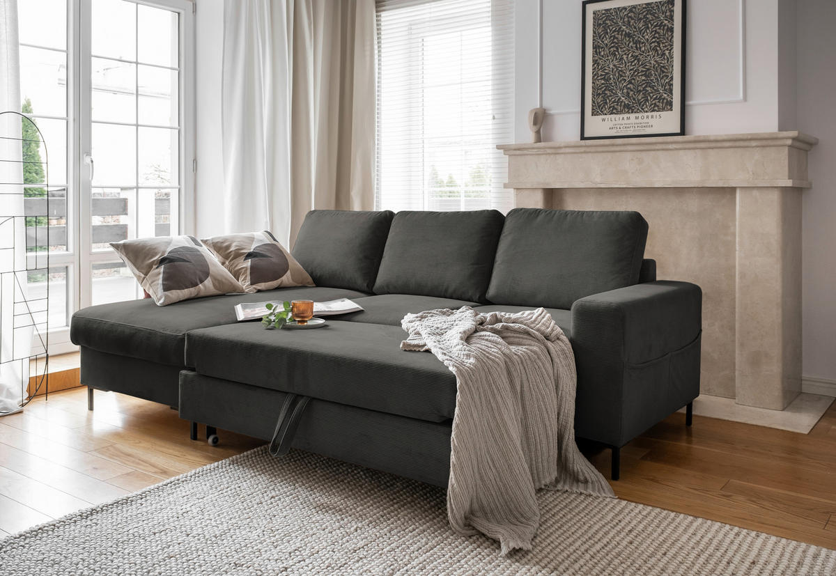 ECKSOFA Grau Cord  - Schwarz/Grau, MODERN, Textil/Metall (148/236cm) - MID.YOU