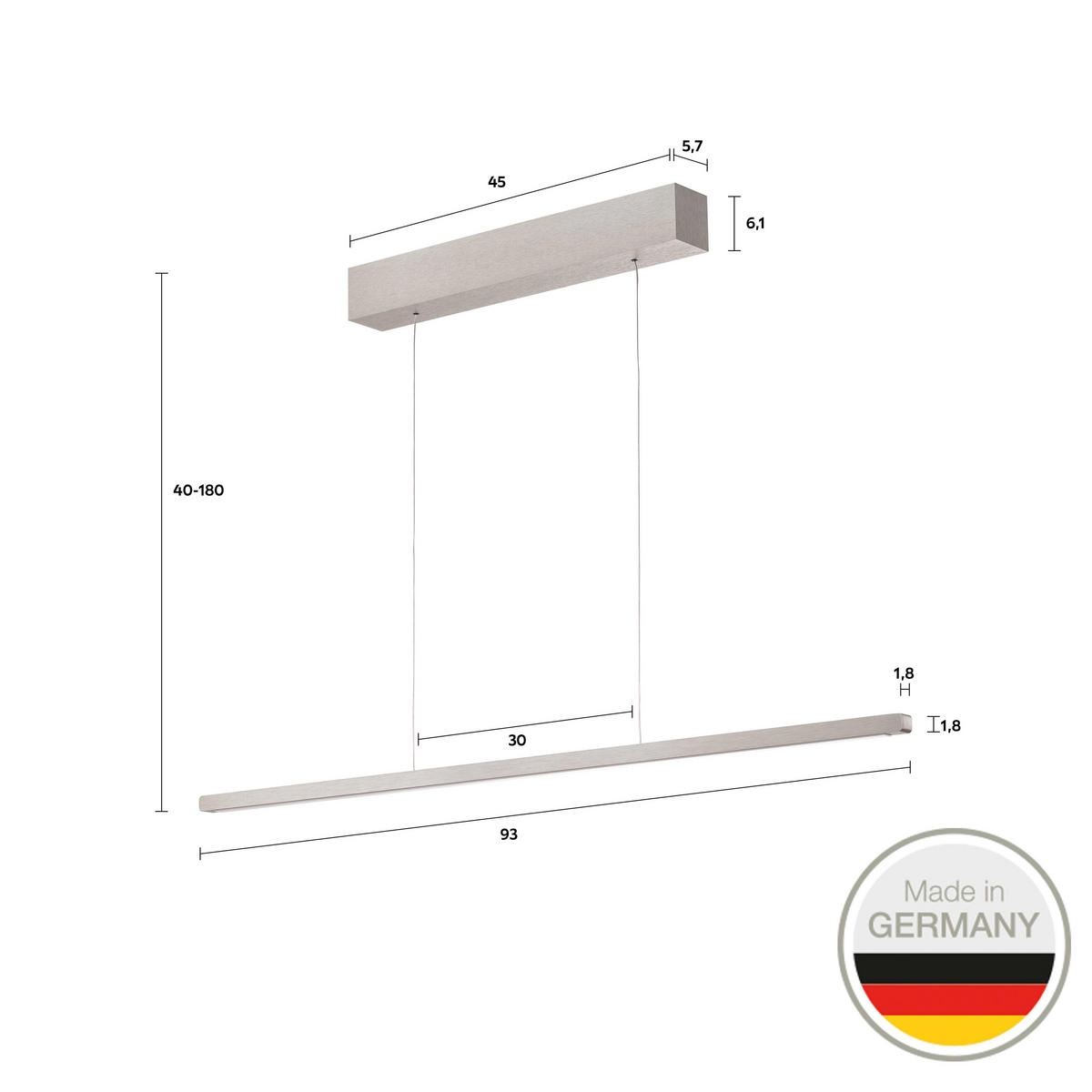 LED-HÄNGELEUCHTE 651 93/1,8/1,8 cm   - Nickelfarben, Design, Metall (93/1,8/1,8cm) - Ambiente
