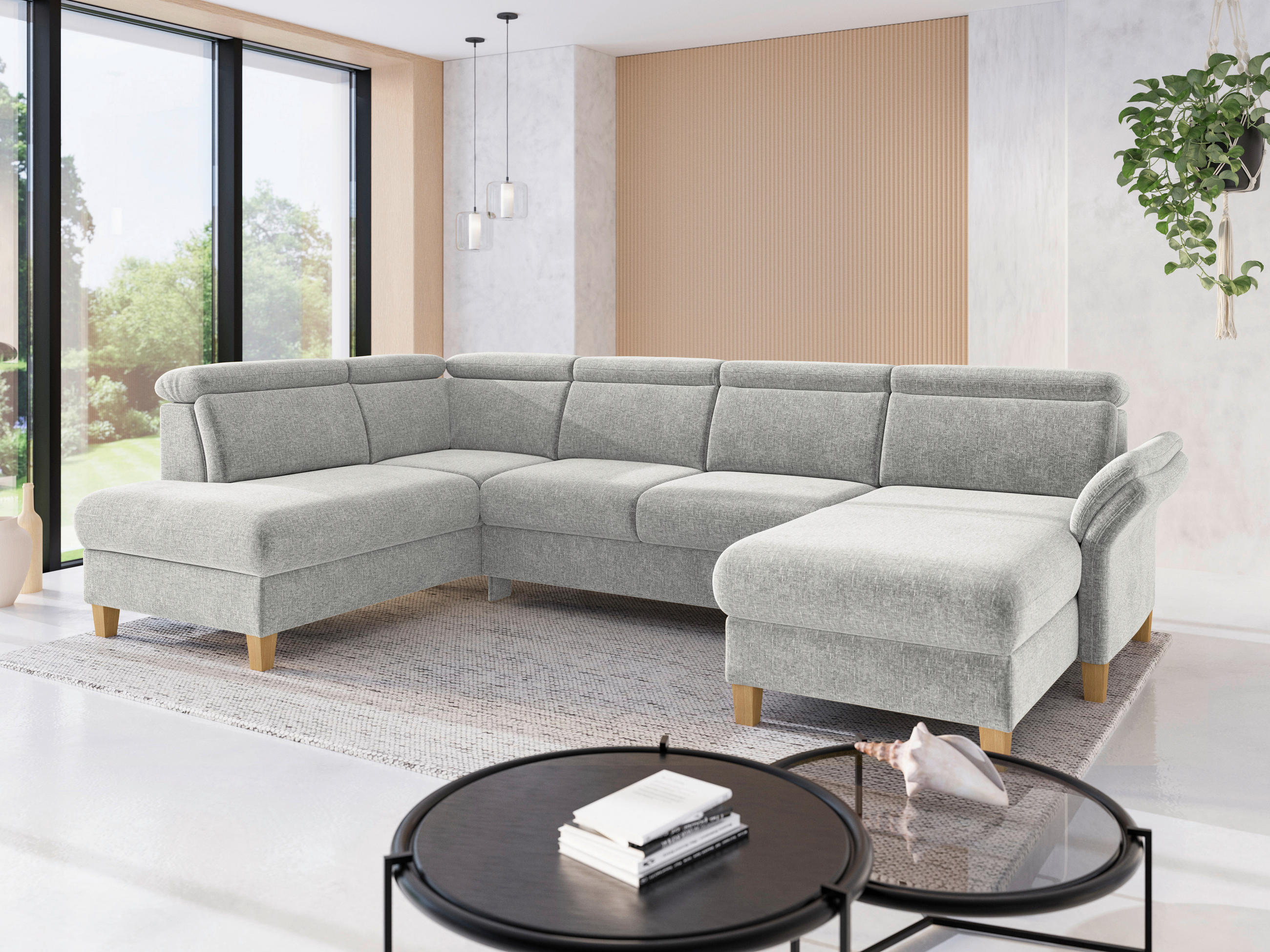 WOHNLANDSCHAFT GLENDALE E Hellgrau Flachgewebe  - Eichefarben/Hellgrau, KONVENTIONELL, Holz/Textil (193/321/166cm) - Sit & More