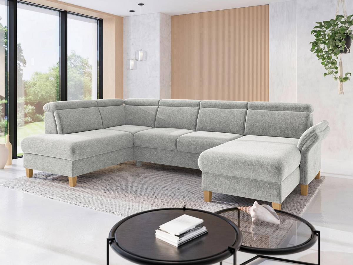 WOHNLANDSCHAFT GLENDALE E Hellgrau Flachgewebe  - Eichefarben/Hellgrau, KONVENTIONELL, Holz/Textil (193/321/166cm) - Sit & More