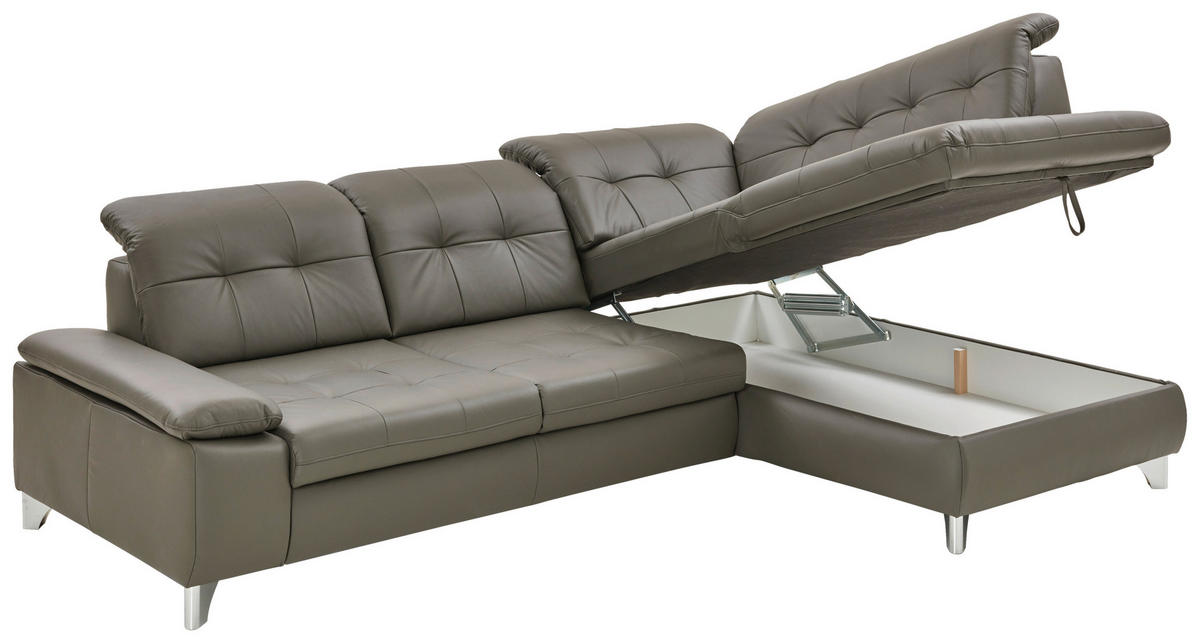 ECKSOFA in Echtleder Grau  - Alufarben/Grau, Design, Leder/Metall (309/211cm) - Beldomo Speed