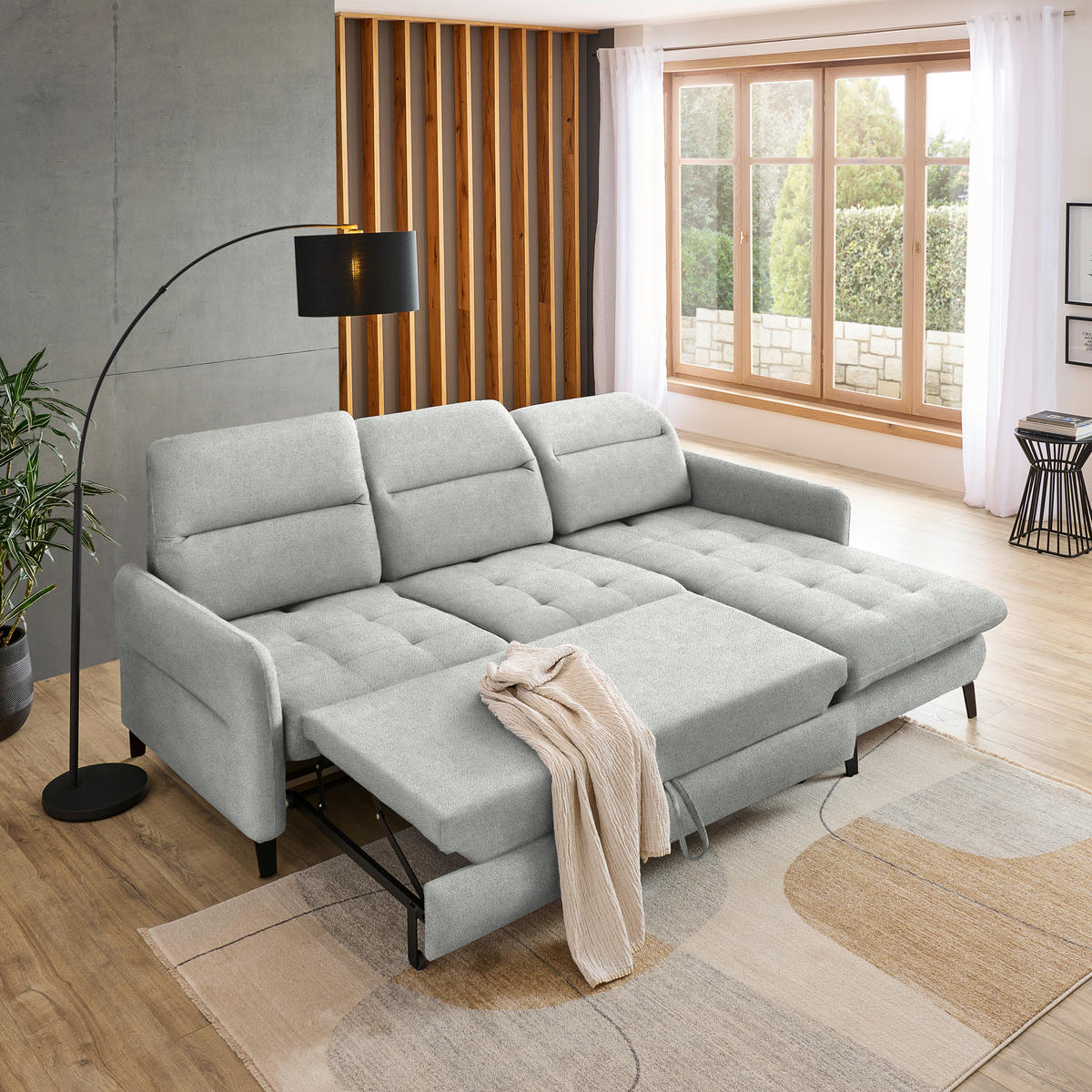 ECKSOFA Hellgrau Flachgewebe  - Hellgrau/Schwarz, KONVENTIONELL, Textil/Metall (254/190cm) - Livetastic