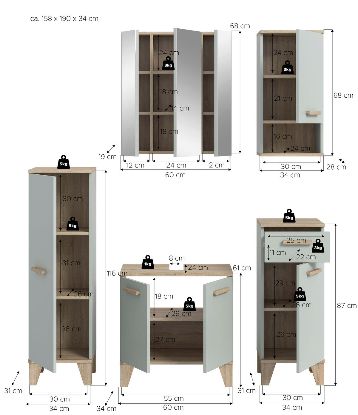 BADEZIMMER 5-teilig 128 cm  - Eiche San Remo/Graugrün, Modern, Holzwerkstoff/Kunststoff (128cm) - MID.YOU