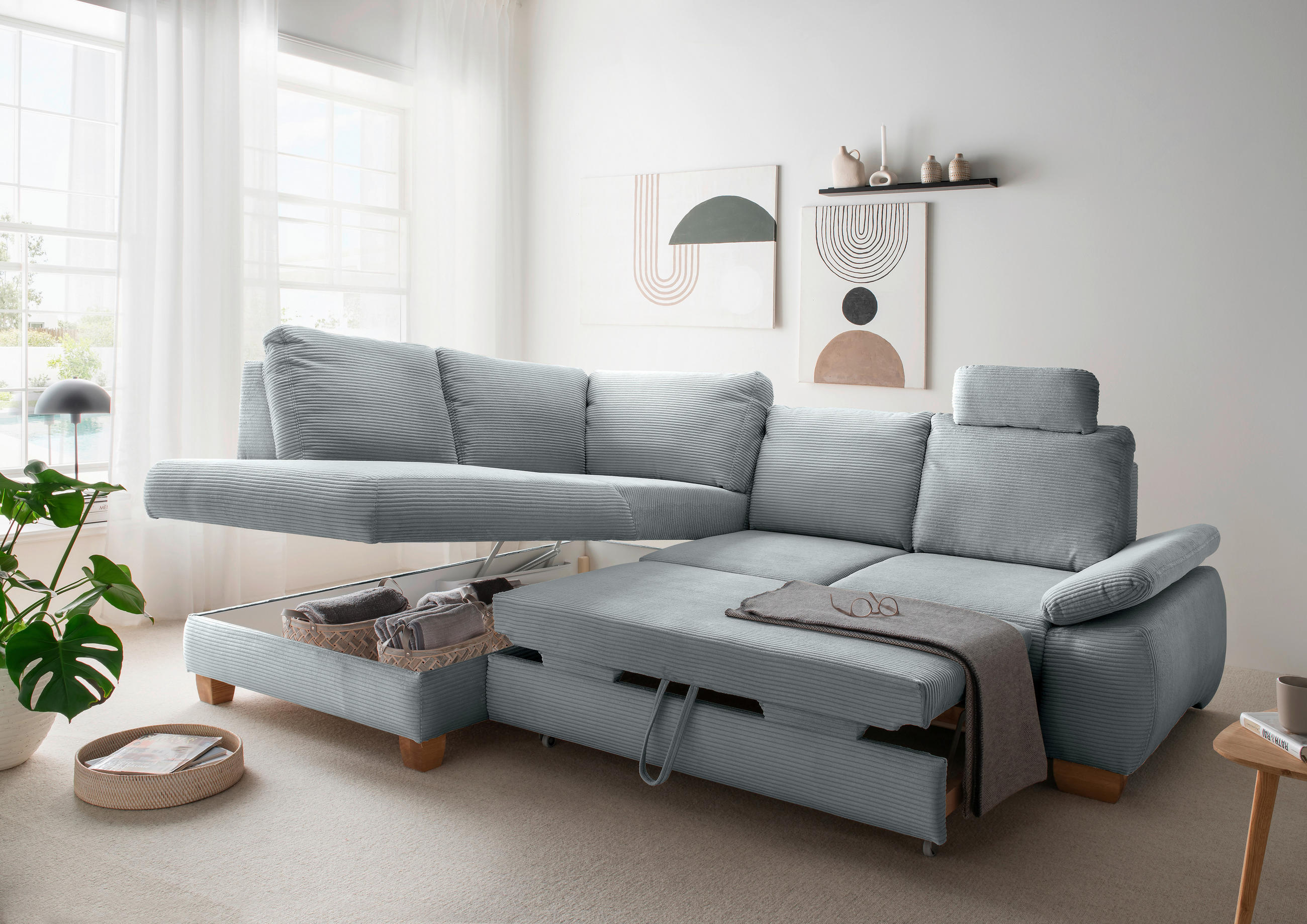 ECKSCHLAFSOFA Cord Hellblau  - Wildeiche/Hellblau, MODERN, Holz/Textil (206/261cm) - Livetastic