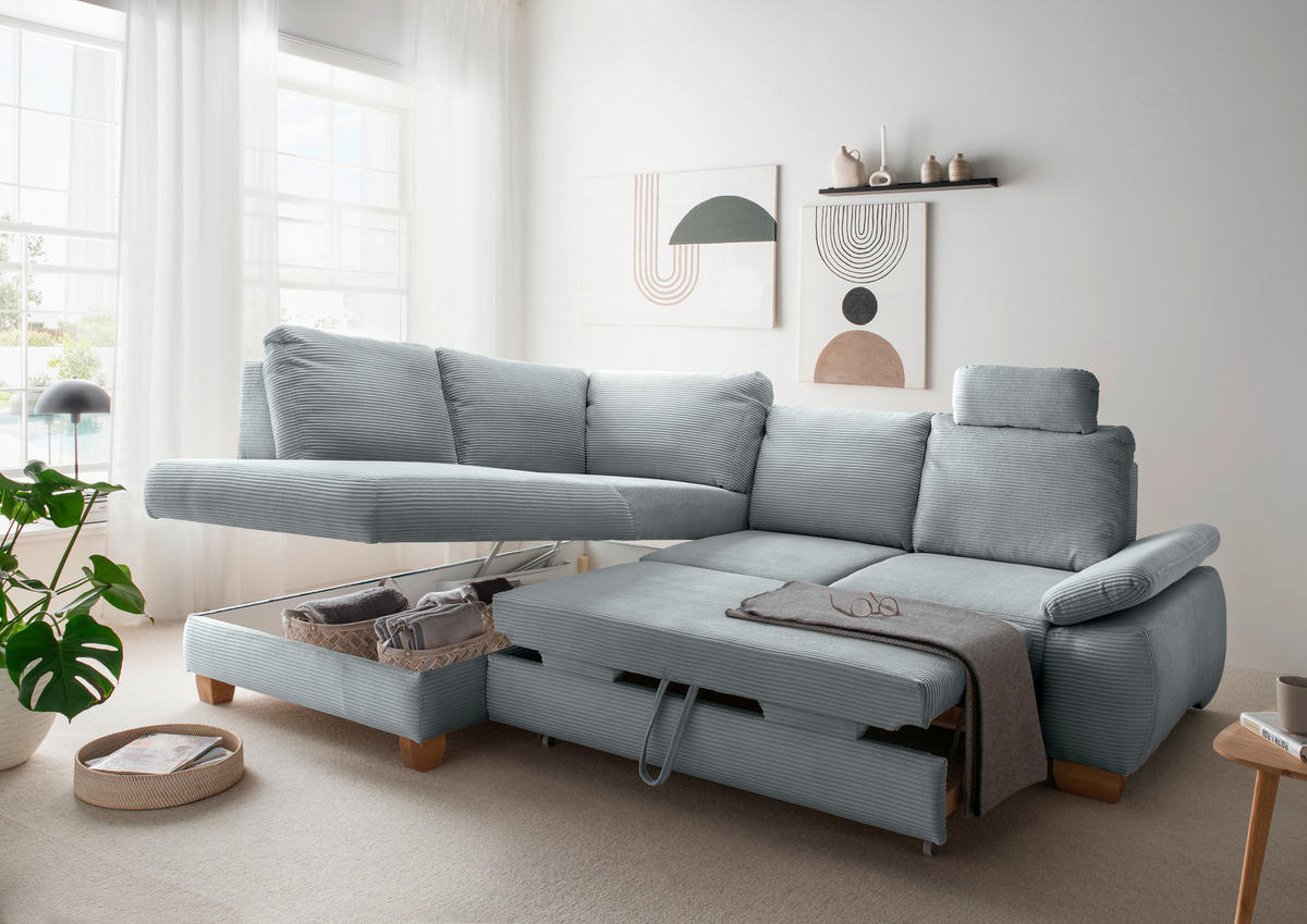 ECKSCHLAFSOFA in Cord Hellblau  - Wildeiche/Hellblau, Modern, Holz/Textil (206/261cm) - Livetastic