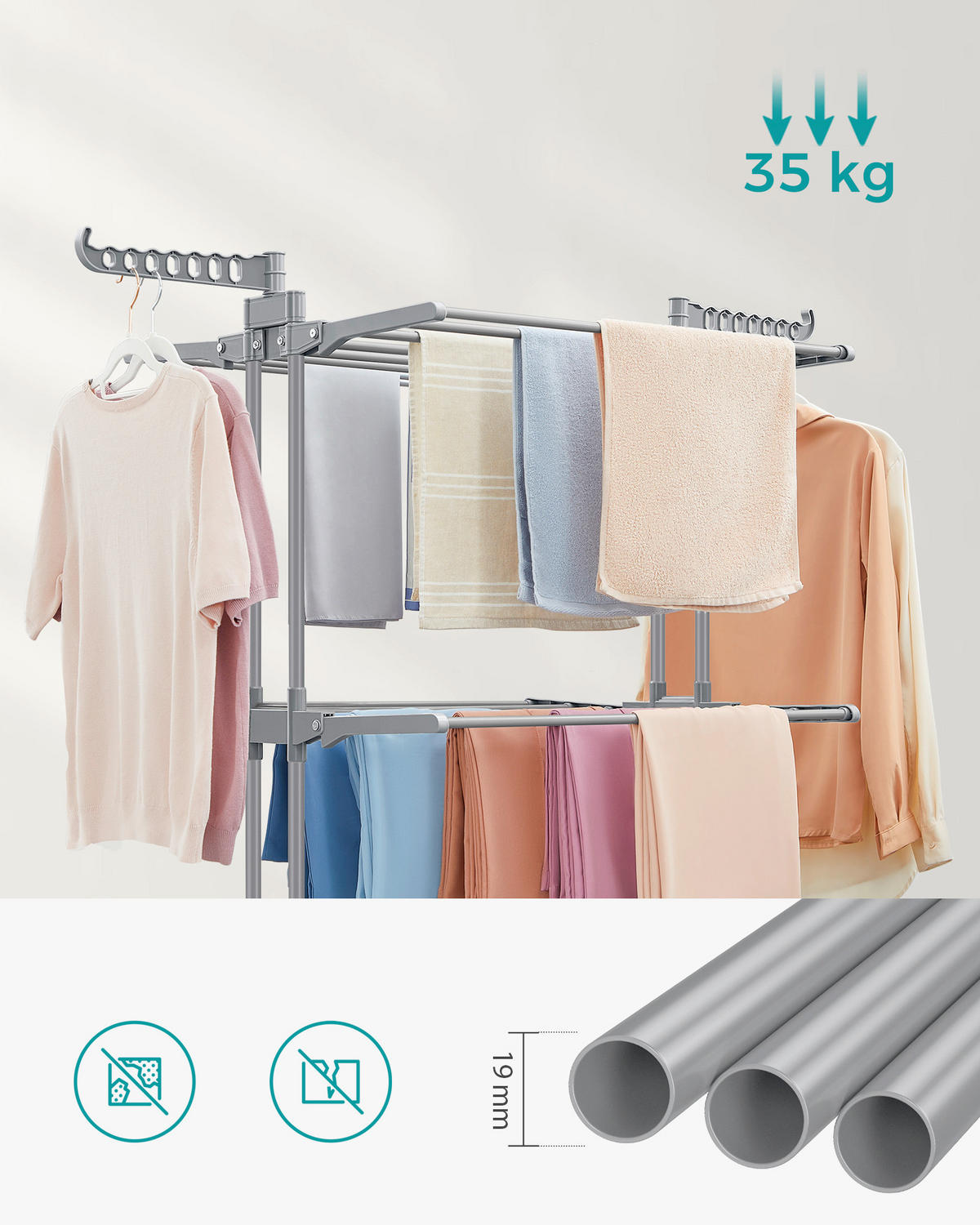 SUŠIAK NA BIELIZEŇ - sivá, Basics, kov/plast (76/173/49cm)