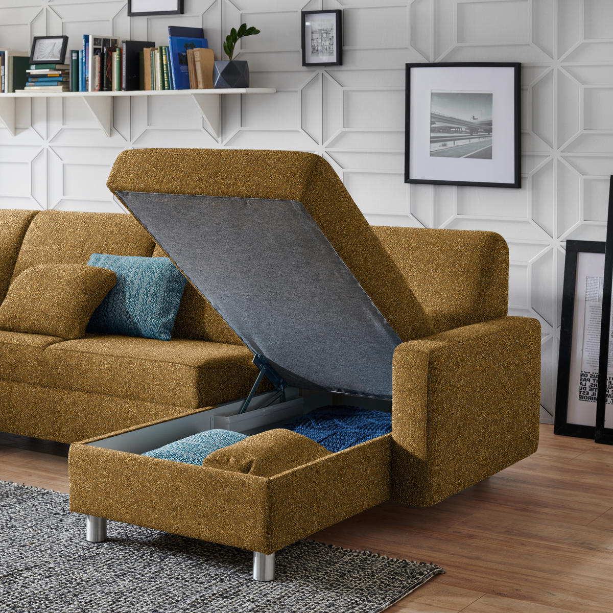 WOHNLANDSCHAFT  in Mikrovelours Senfgelb  - Senfgelb/Alufarben, KONVENTIONELL, Kunststoff/Textil (236/322/158cm) - Sedda