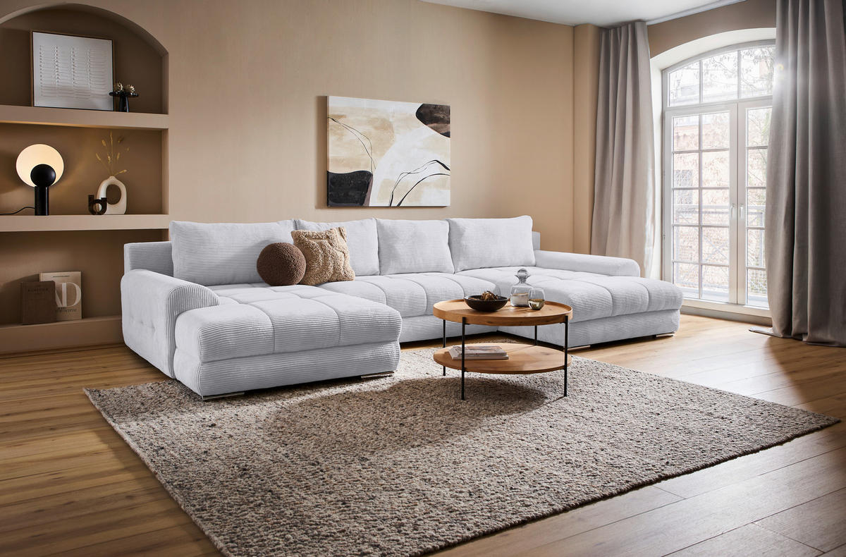 WOHNLANDSCHAFT Hellgrau Cord  - Chromfarben/Hellgrau, KONVENTIONELL, Kunststoff/Textil (180/376/180cm) - Carryhome