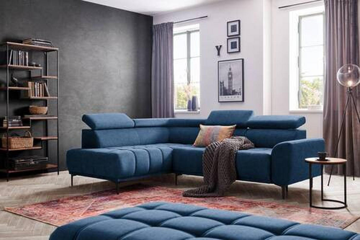 ECKSOFA Dunkelblau Velours  - Schwarz/Dunkelblau, Design, Textil/Metall (191/261cm) - Stylife
