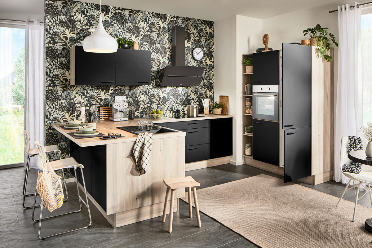 ECKKÜCHE  in Schwarz, Weiß  - Tannenholzfarben/Schwarz, Design, Holzwerkstoff/Metall (121,6/280/150cm) - Xora